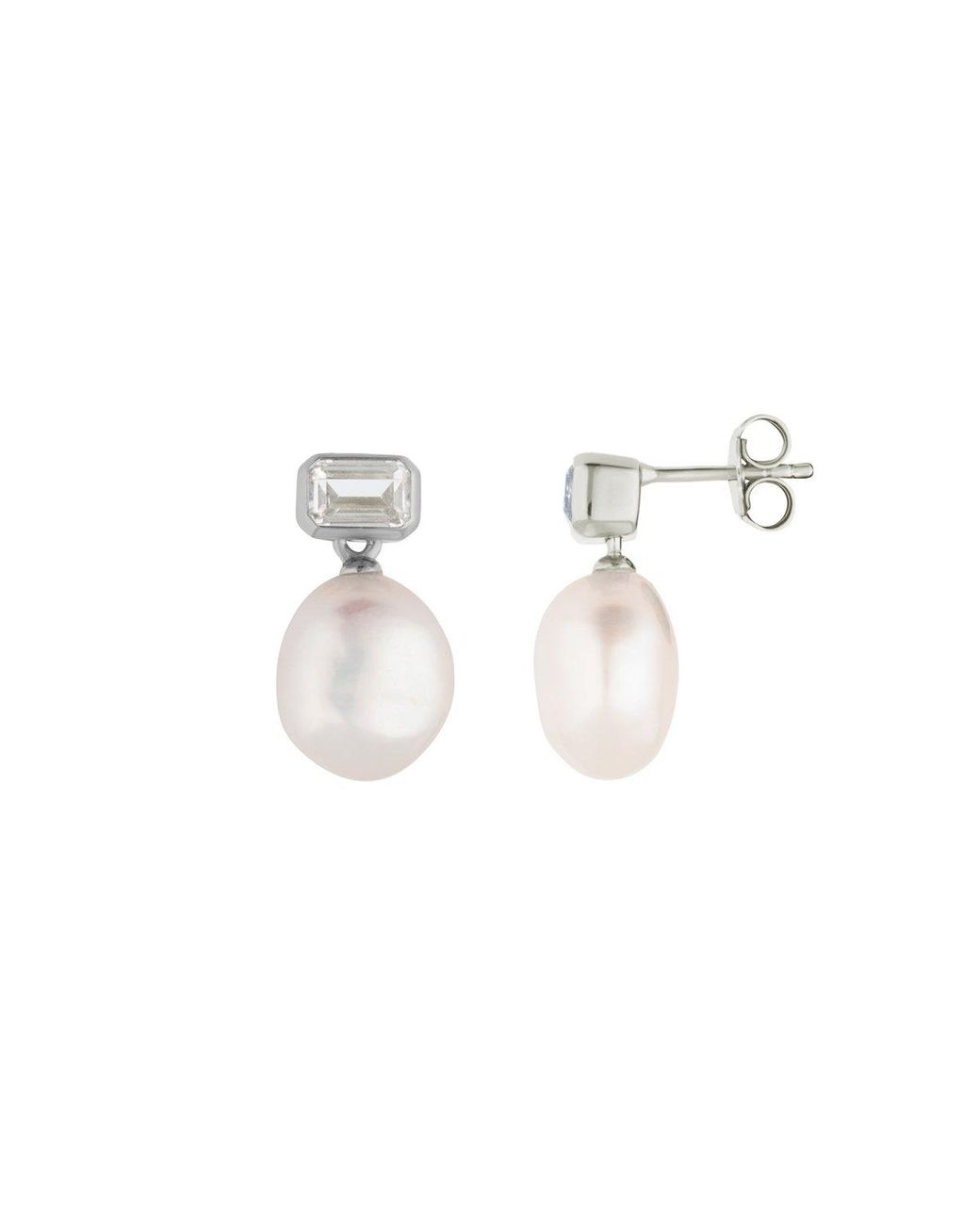 Lulu B London Metallic Pearl Drop Stud Earrings With Baguette Cubic Zirconia
