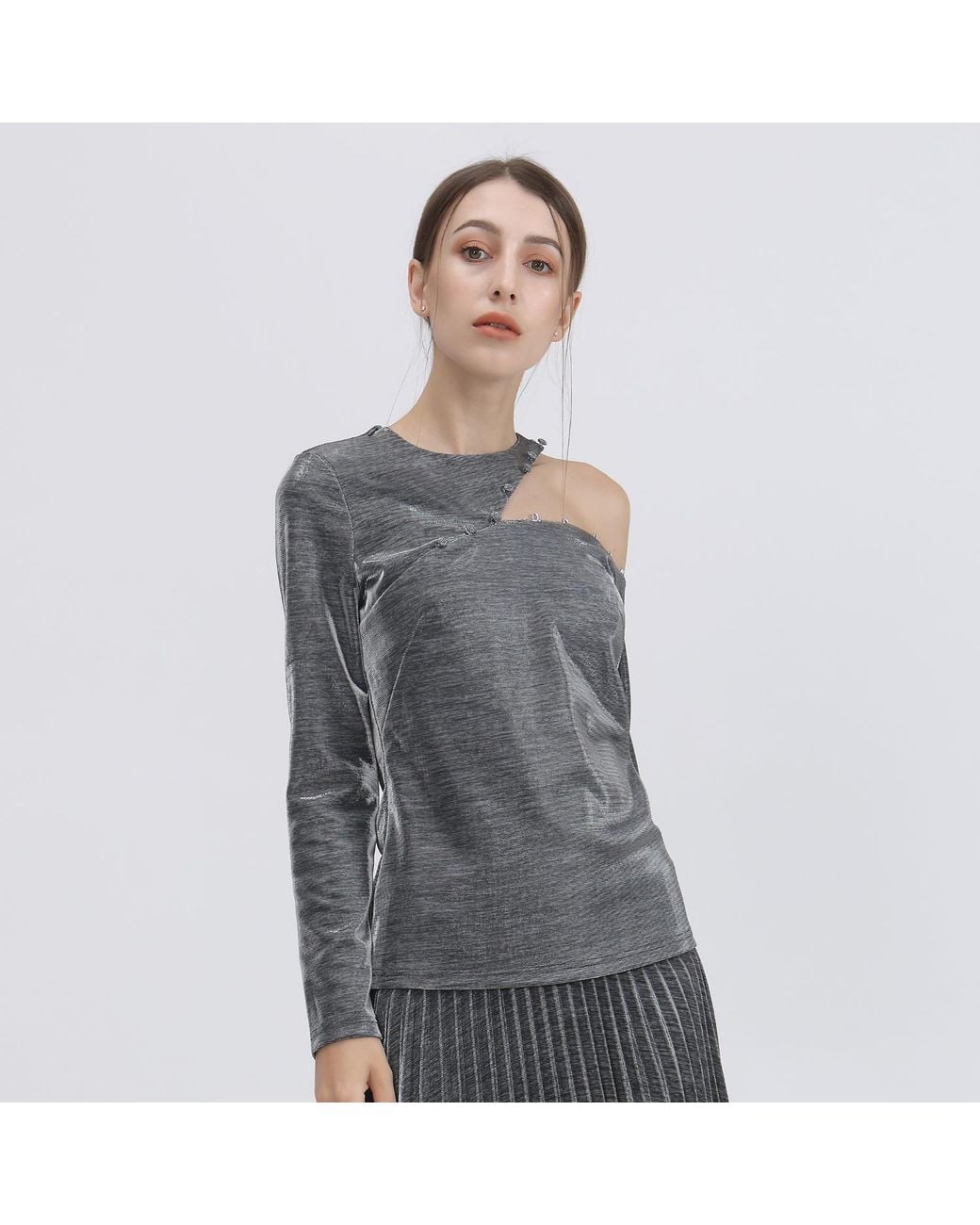 Smart and Joy Gray Asymmetric One Off-Shoulder Shiny Top