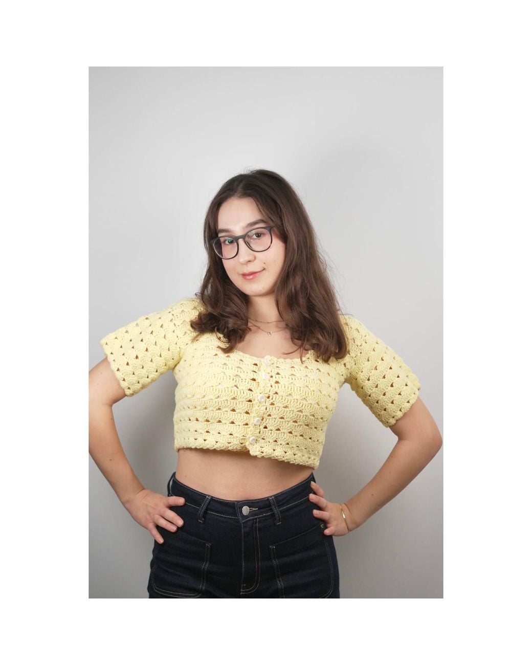 Ana Chic Yellow Butter Openwork Handmade Crochet Top