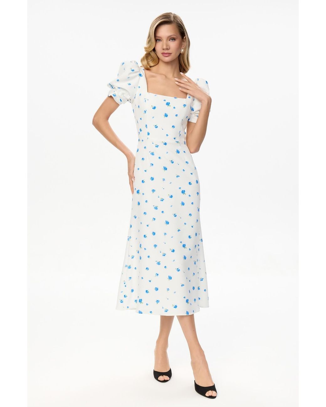 POST MERIDIEM White Godet Silhouette Square Neck Midi Dress