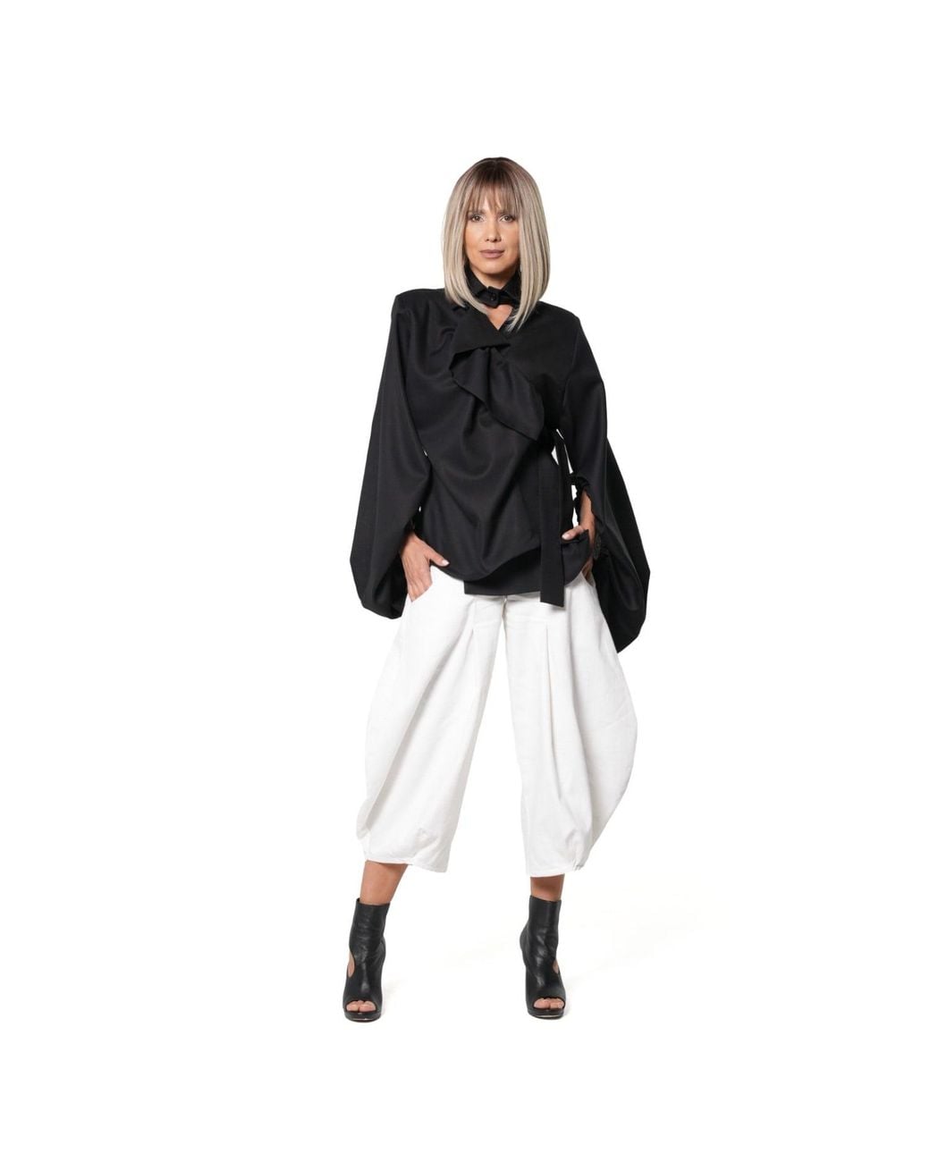 Metamorph Black Wool Wrap Blouse With Statement Sleeves