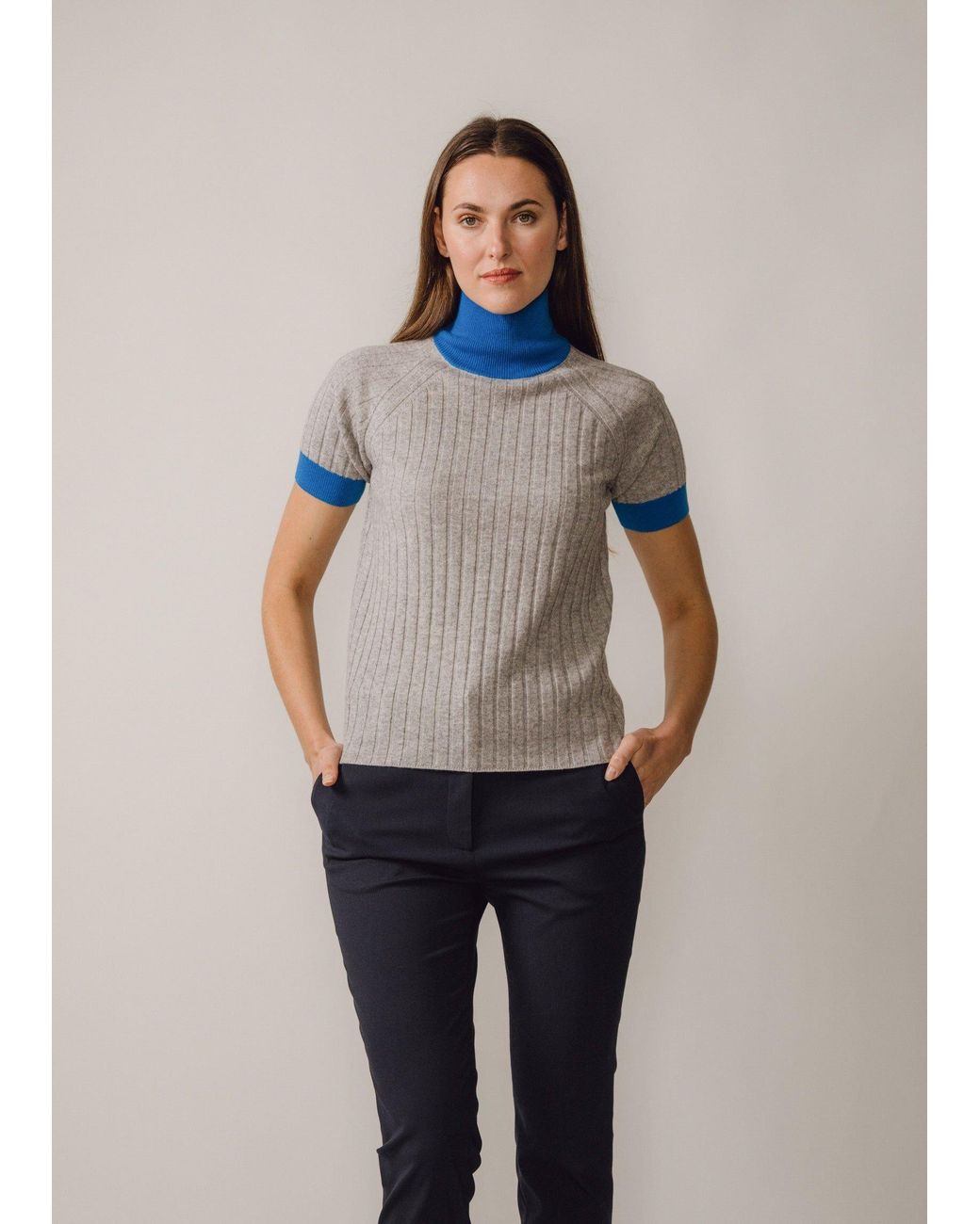 BEIRA Gray Astrid Merino And Cashmere ¾-Sleeve Luxury Knitwear Turtle Neck Top