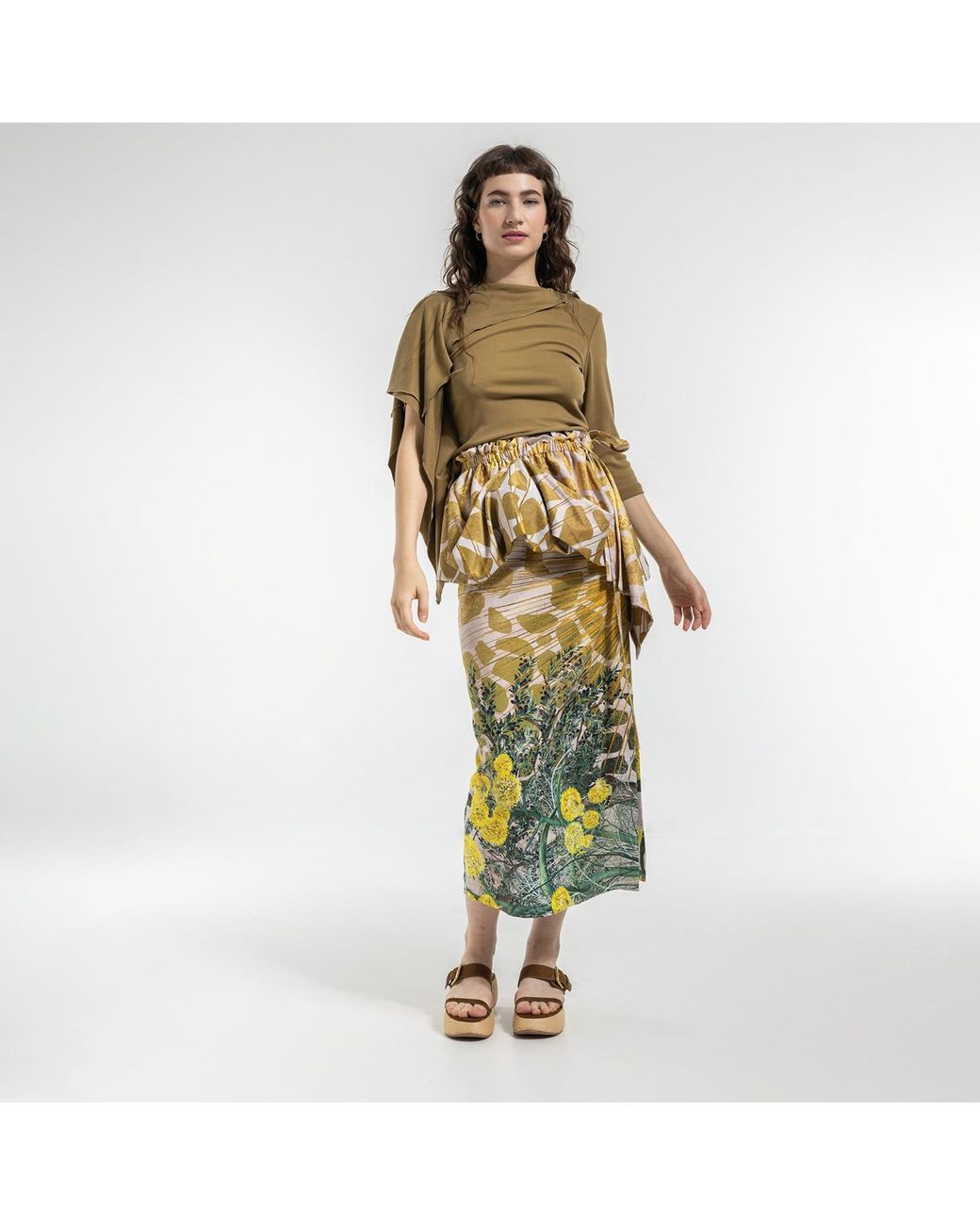 ARTISTA Yellow Fennel Pencil Skirt With Ruffled Belt