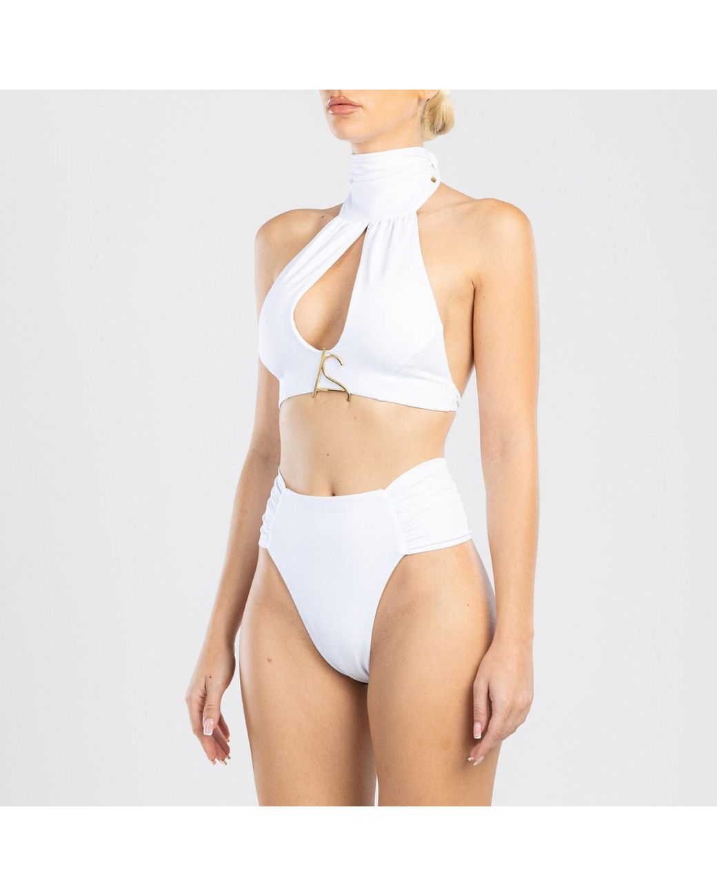 ANTONINIAS Natural As Halter Tie Fastening Bikini Top With Draped Details