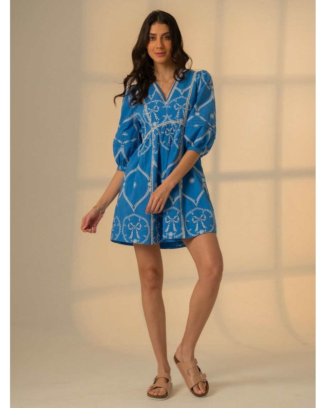 Rose & Nancy Blue Charlie Embroidered Bow Mini Dress
