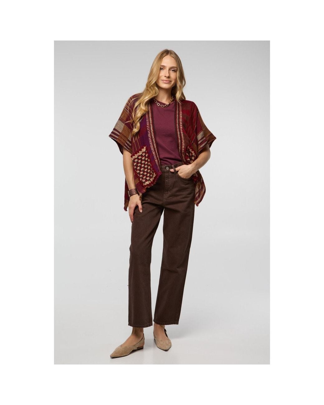 Saachi Red Crochet Trim Plaid Knit Poncho