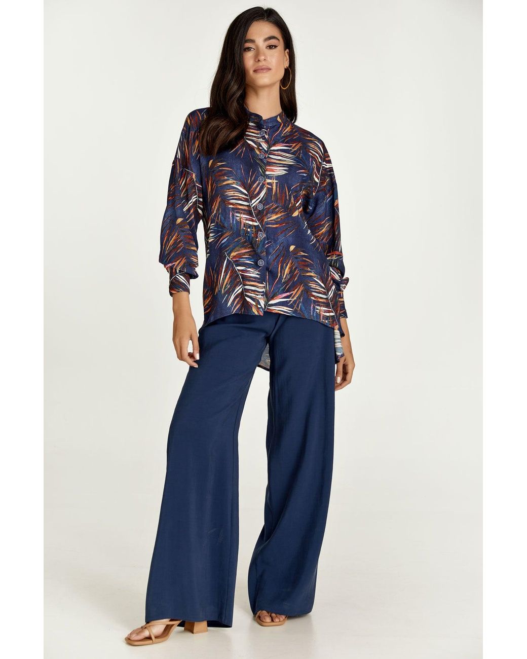 Conquista Blue Leaf Print Blouse With Mandarin Collar