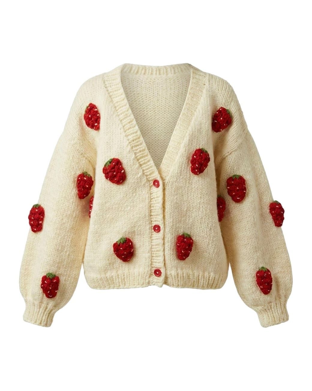 Ana Chic Multicolor Neutrals Strawberry Motif Handmade Knitted Cardigan