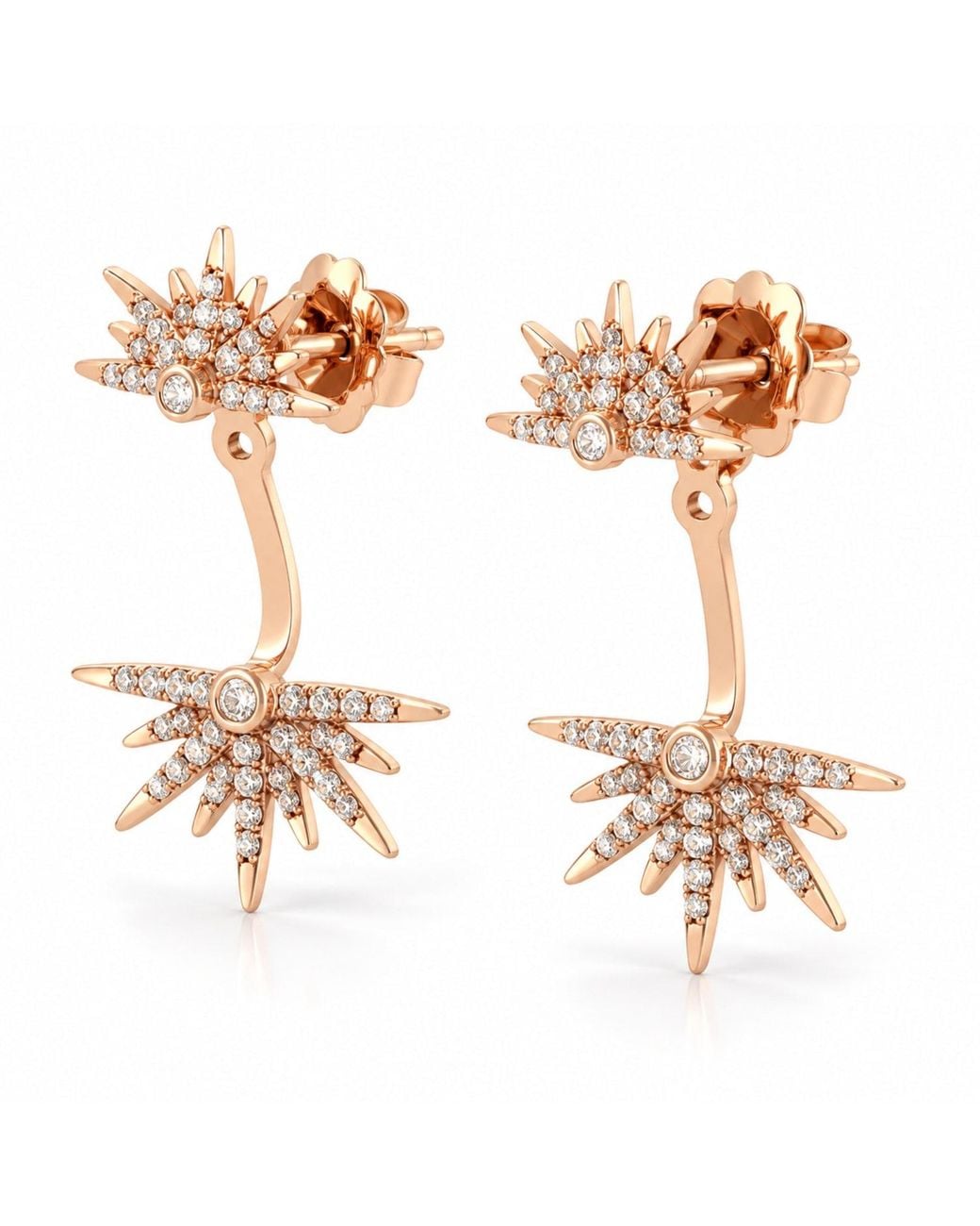 Artisan Metallic Rose 14K Rose Diamond Double Sunburst Ear Jacket Earrings