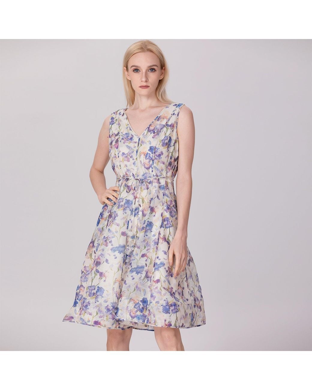 Smart and Joy Multicolor Neutrals Flower Print Sleeveless Tea Organza Dress