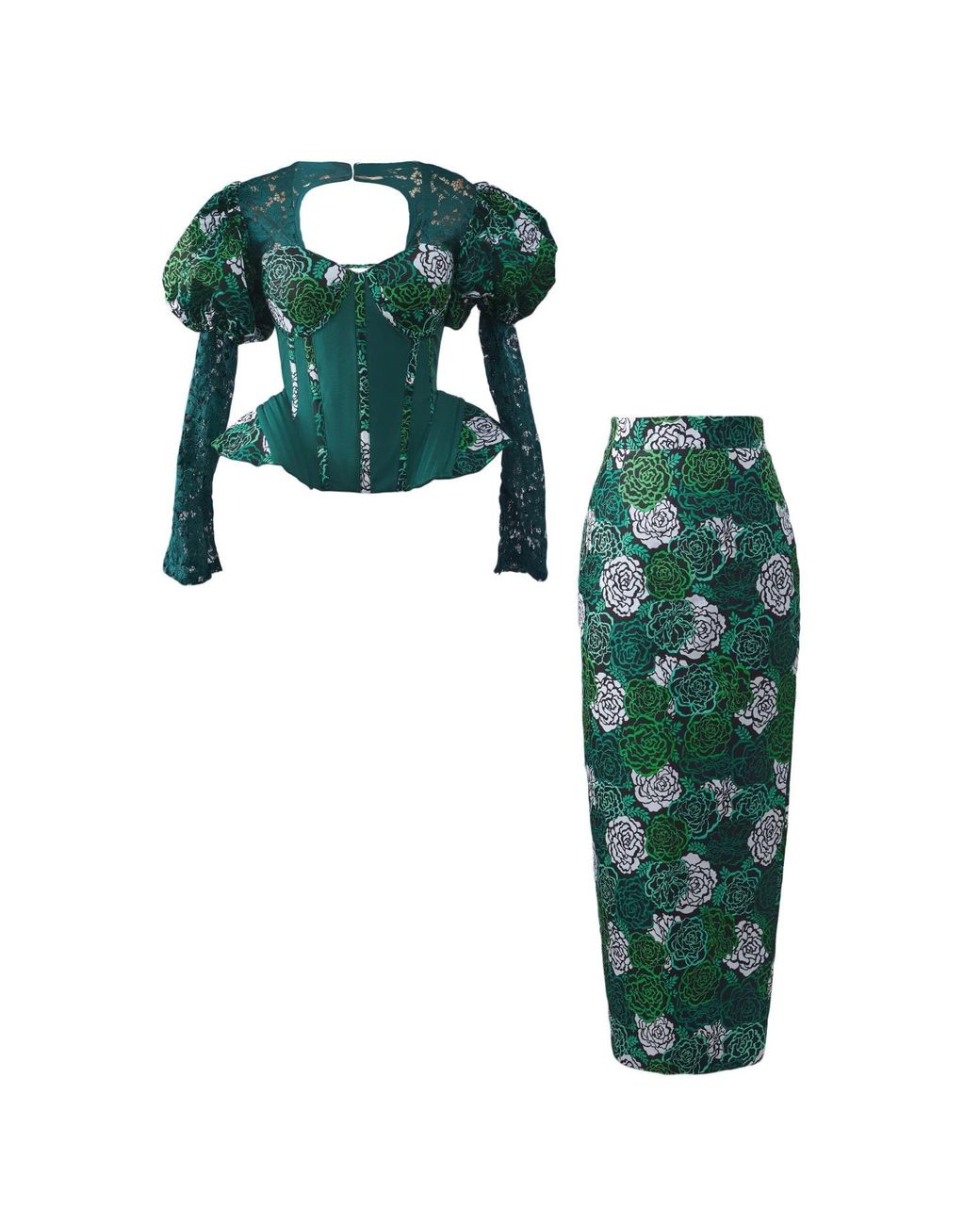 Spring Stitches Green Niniola Cotton Corset Top, Maxi Skirt & Head-Wrap Set