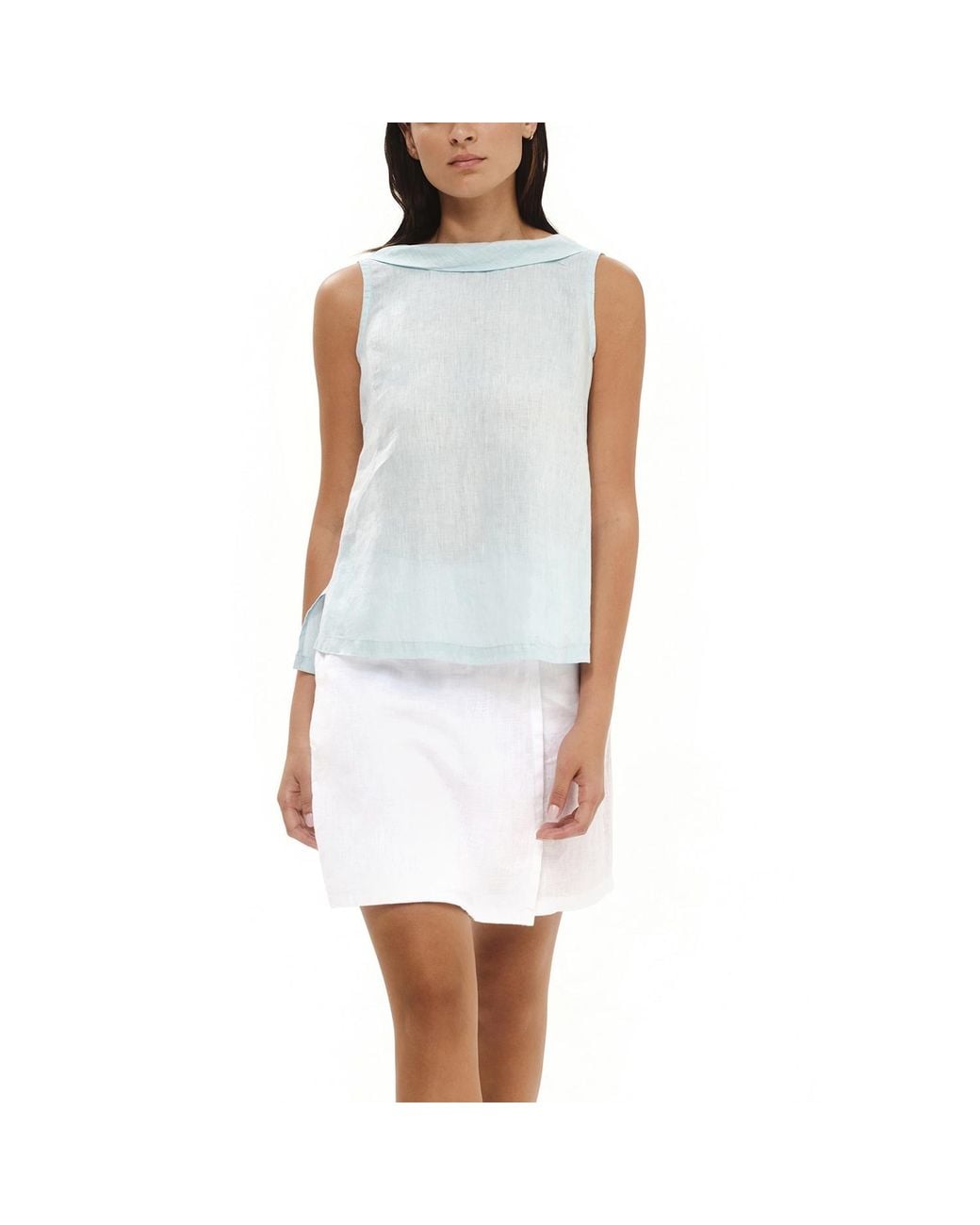 Haris Cotton Natural Neutrals Boat Neckline Sleeveless Linen Top With Deep V Back