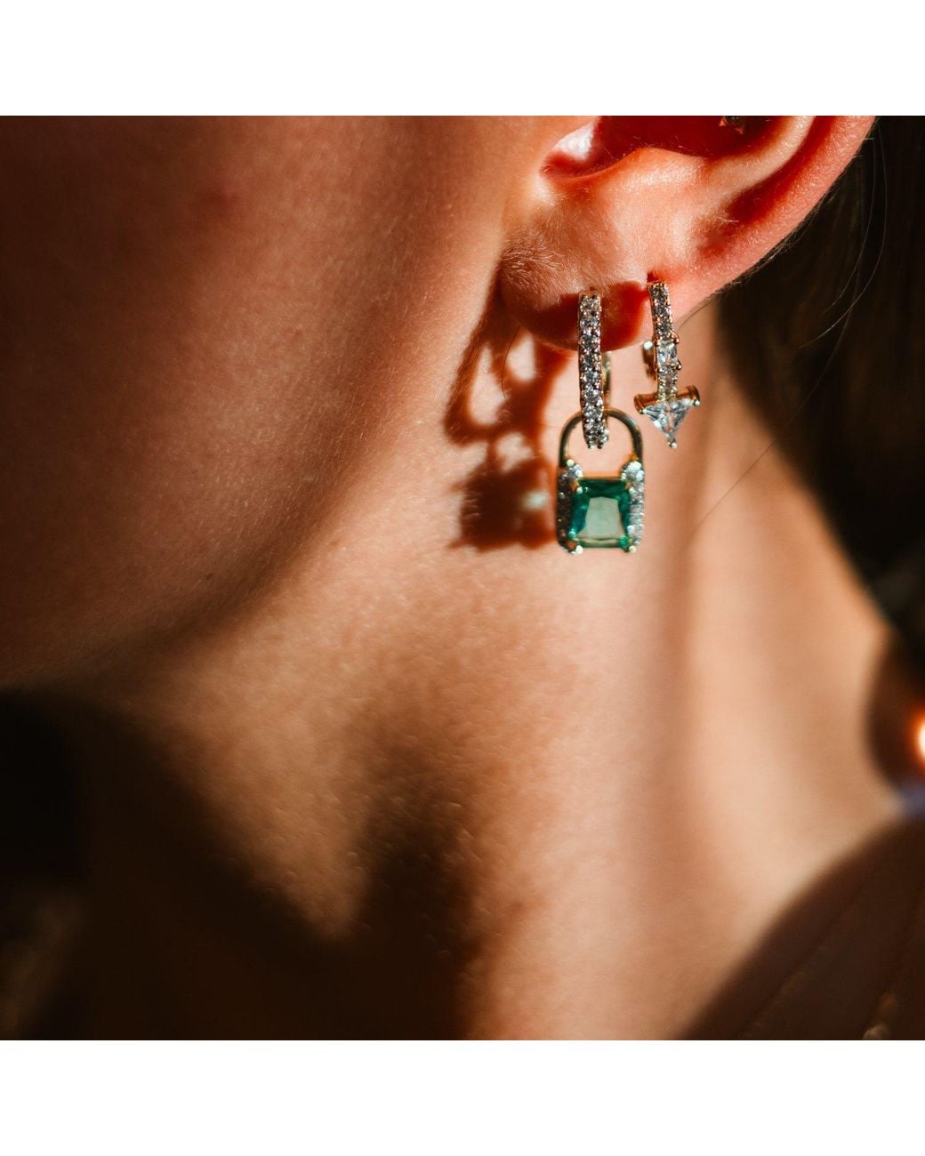 Ebru Jewelry Blue Emerald Cut Mint Zirconia Huggies Drop Earrings