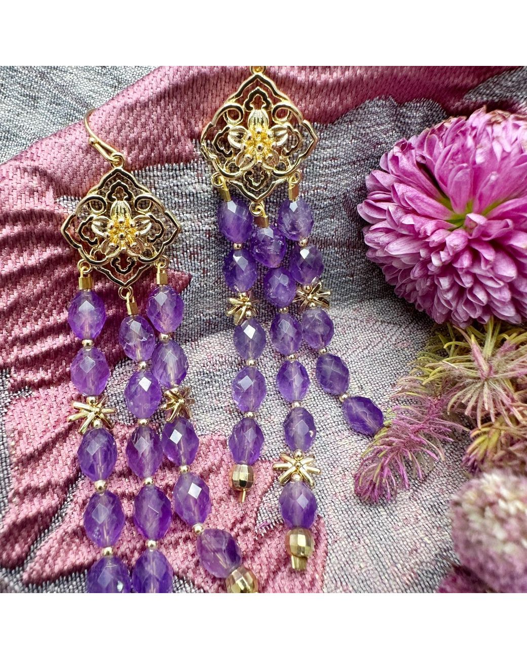 Farra Metallic Bohemian Amethyst Beaded Tassel Earrings