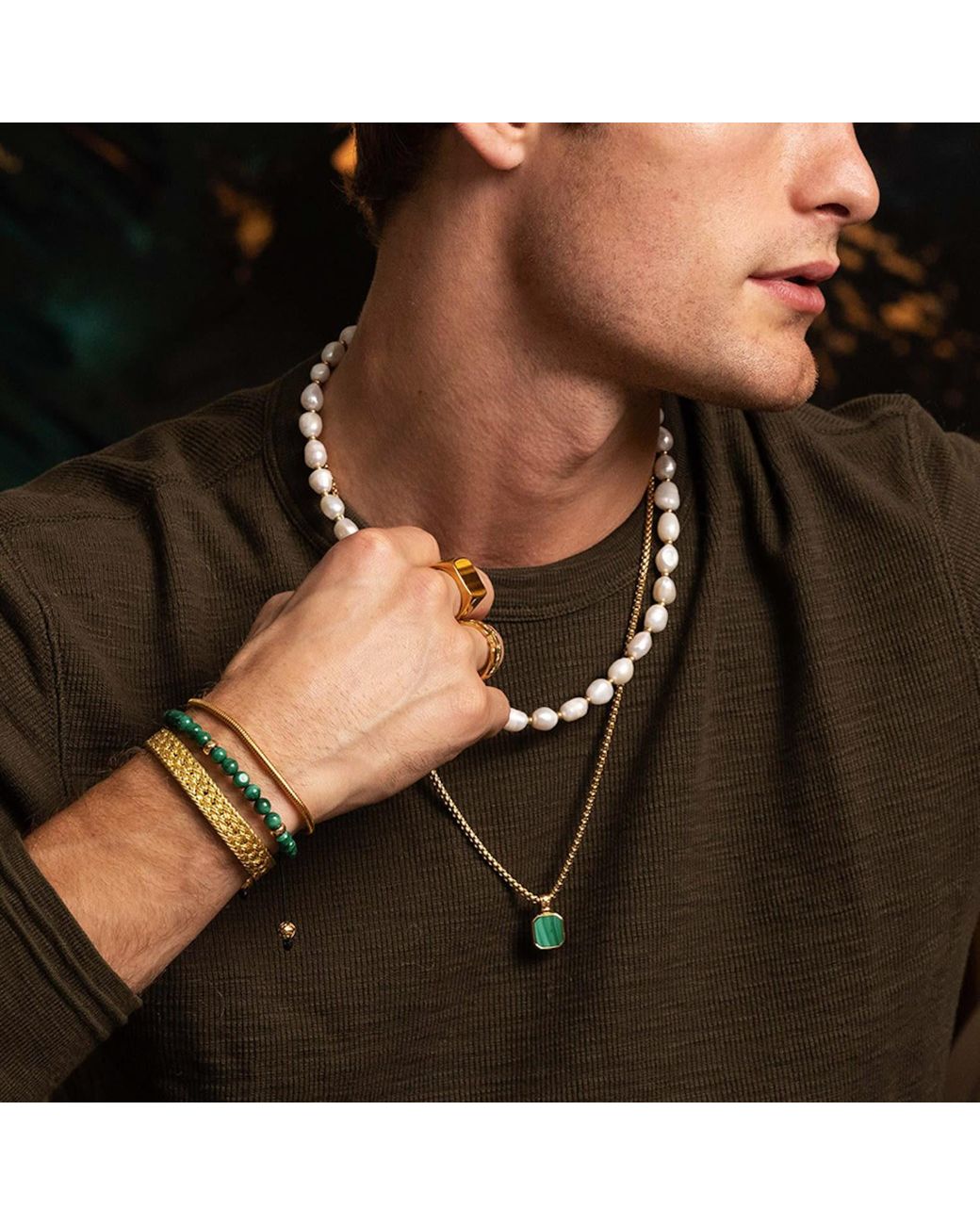 Nialaya Metallic Necklace With Square Malachite Pendant for men