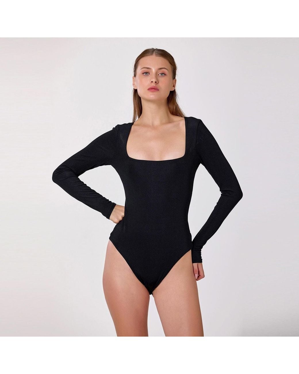 Smart and Joy Black Square Necklinbe Bodysuit