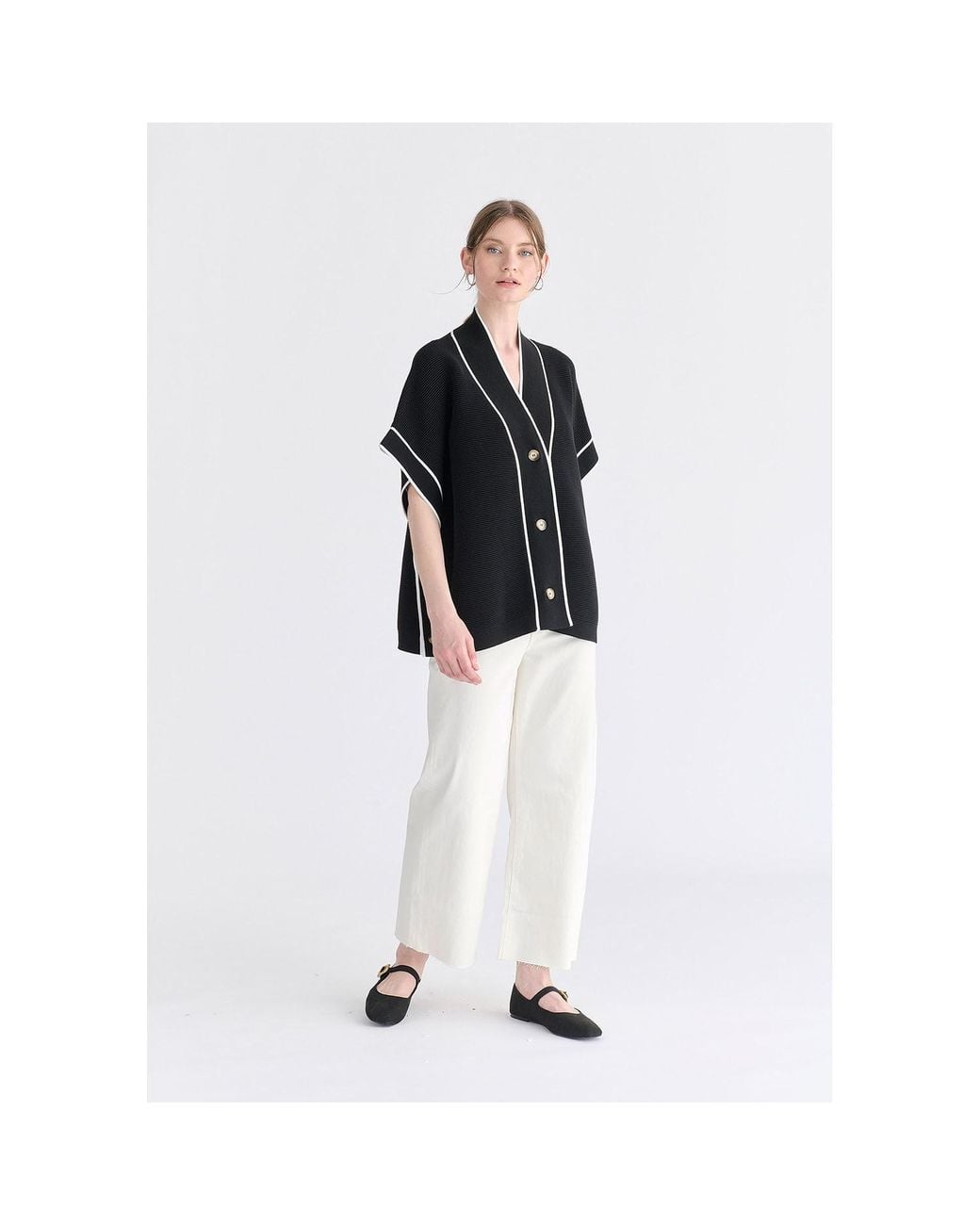 Paisie Black Button Details Kimono Ribbed Cardigan