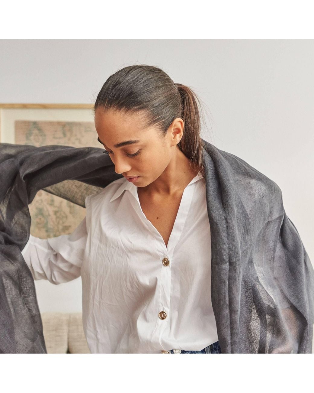Variously Blue Charcoal Dark Hand Woven Soft Linen Silk Blend Scarf