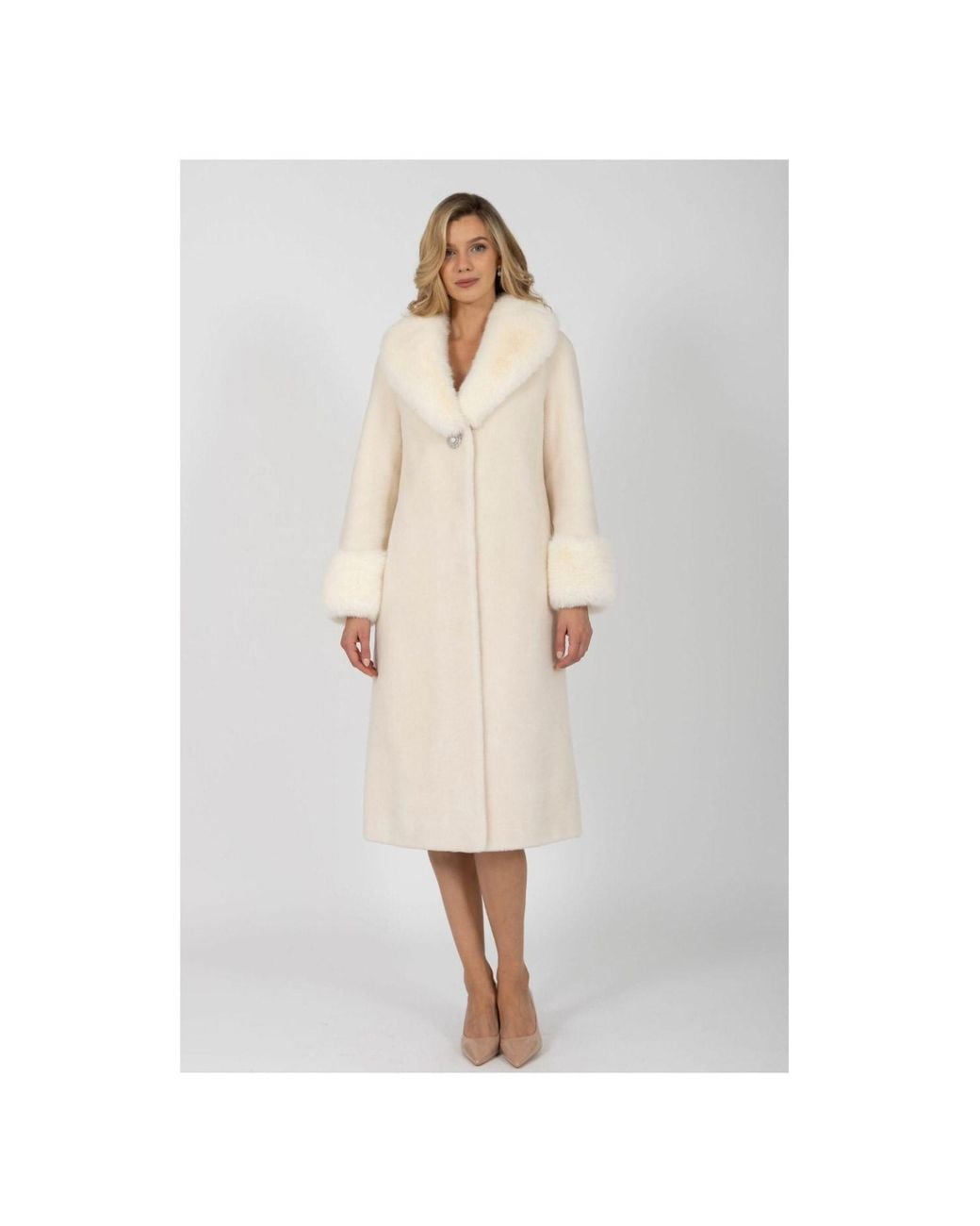 Santinni Natural Sunset Boulevard Long Wool Coat With Faux Fur