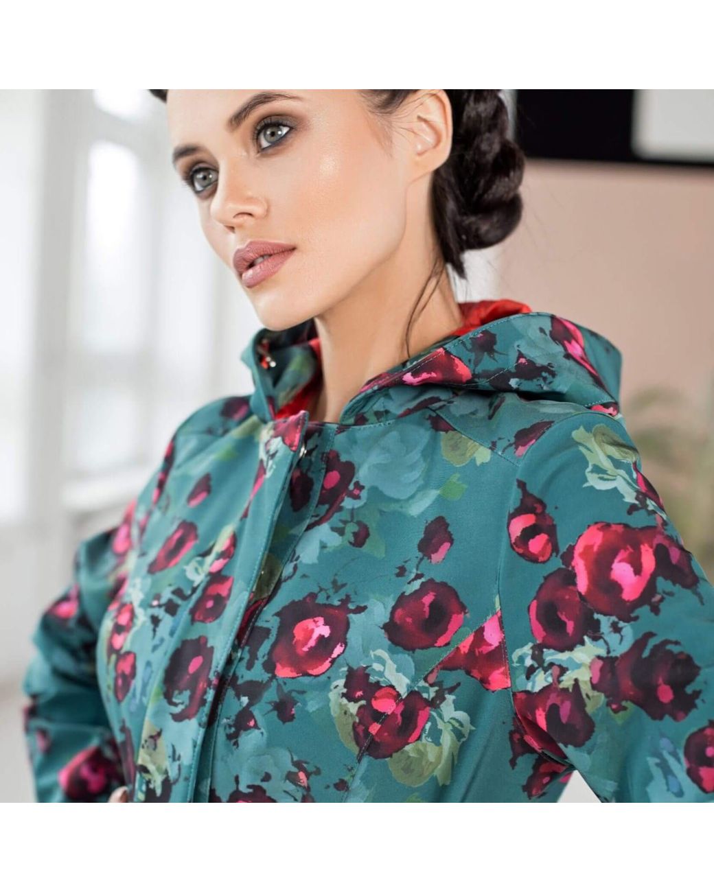 RainSisters Blue Emerald Green Waterproof Coat With Roses: Rosalie