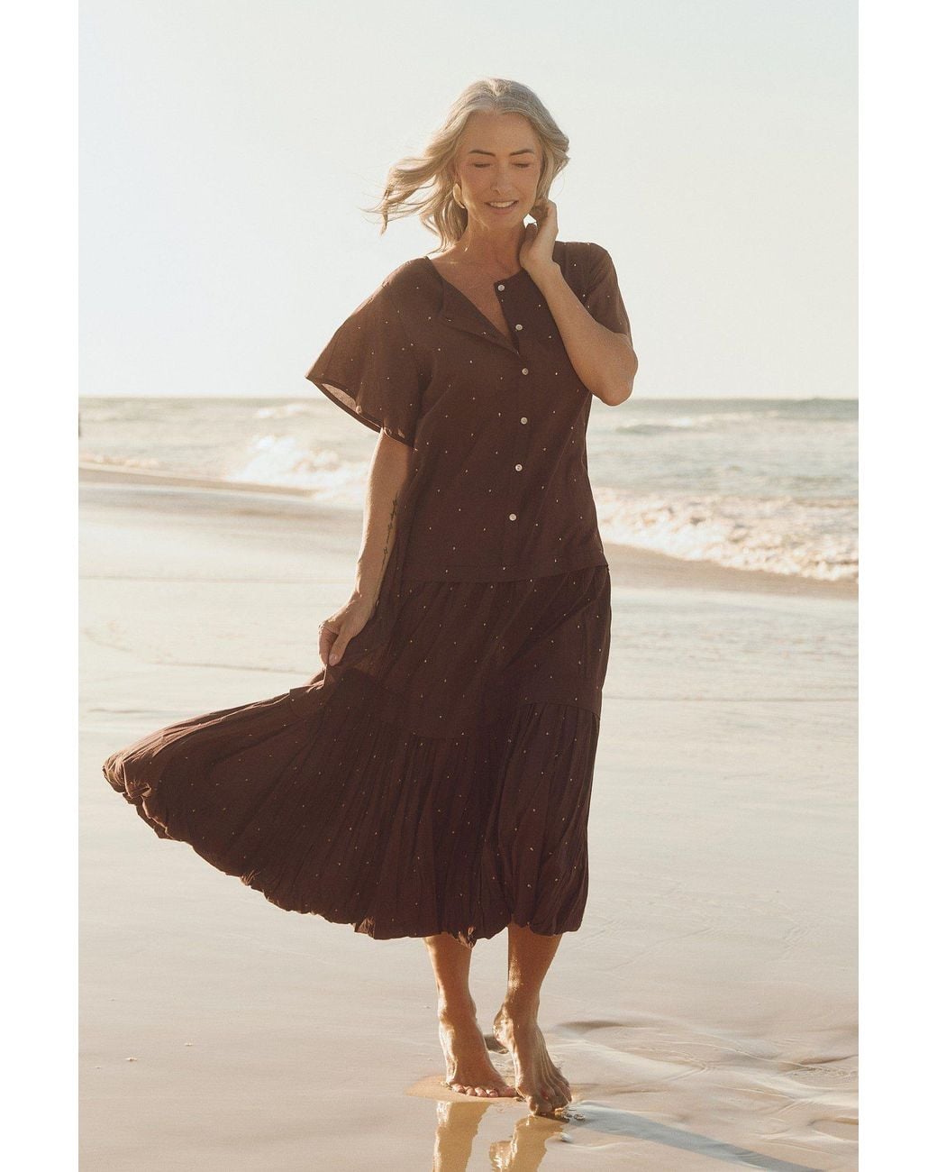 Adrift Clothing Brown Millie Reversible Flutter Sleeve Dress