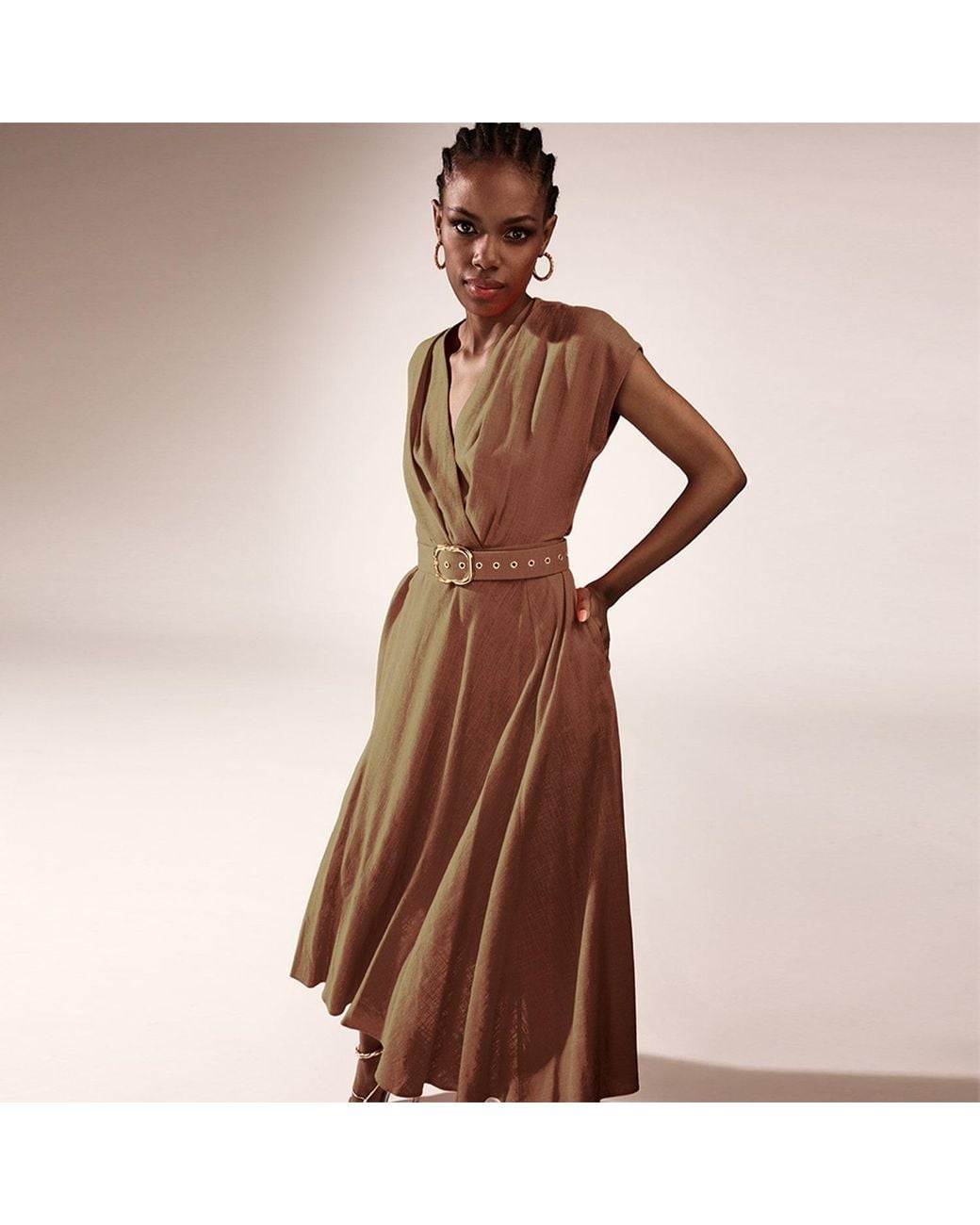 ALINA CERNĂTESCU Brown Neutrals Ischia Linen Office & Cocktail Midi Dress