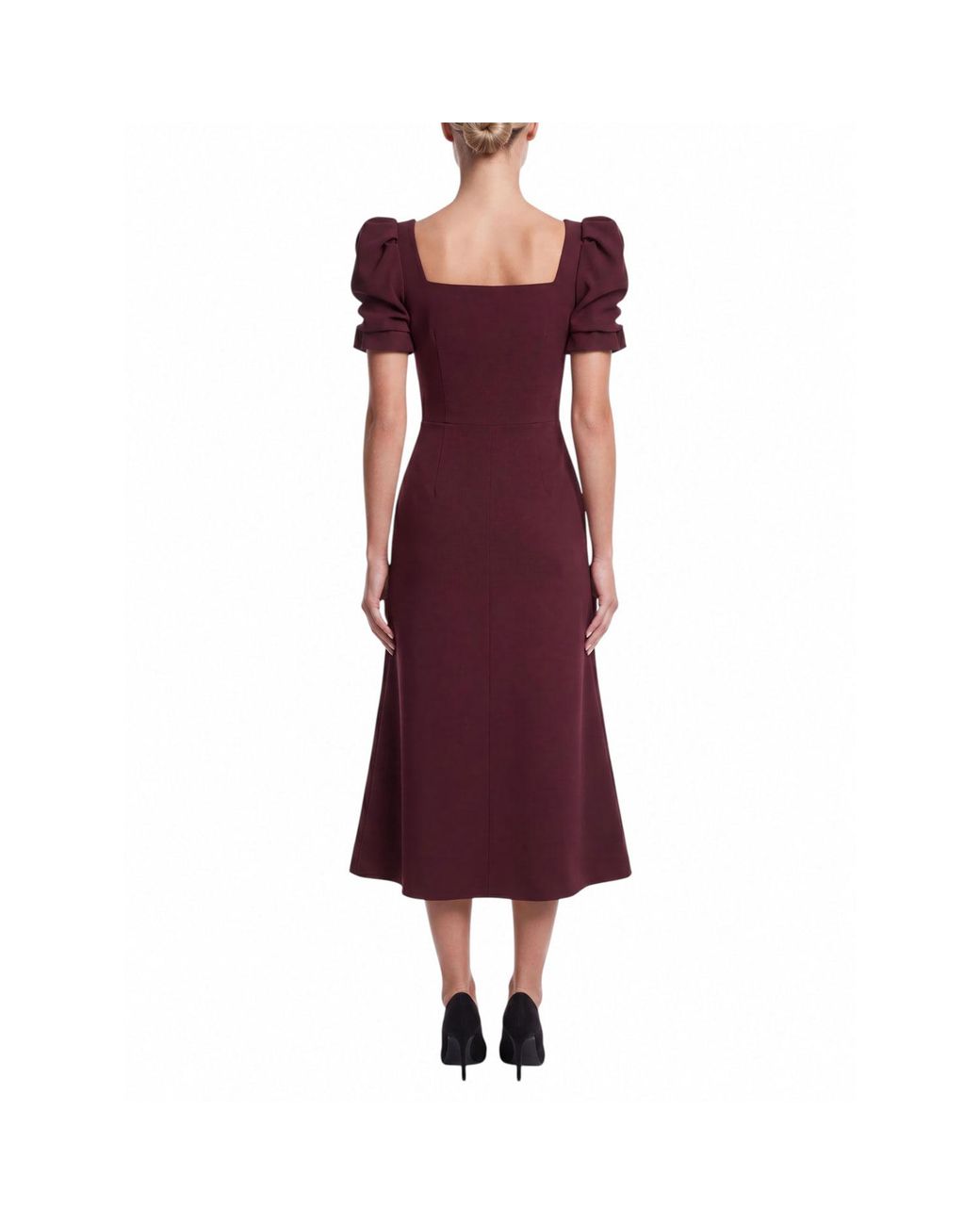 POST MERIDIEM Purple Vinous Godet Silhouette Square Neck Midi Dress