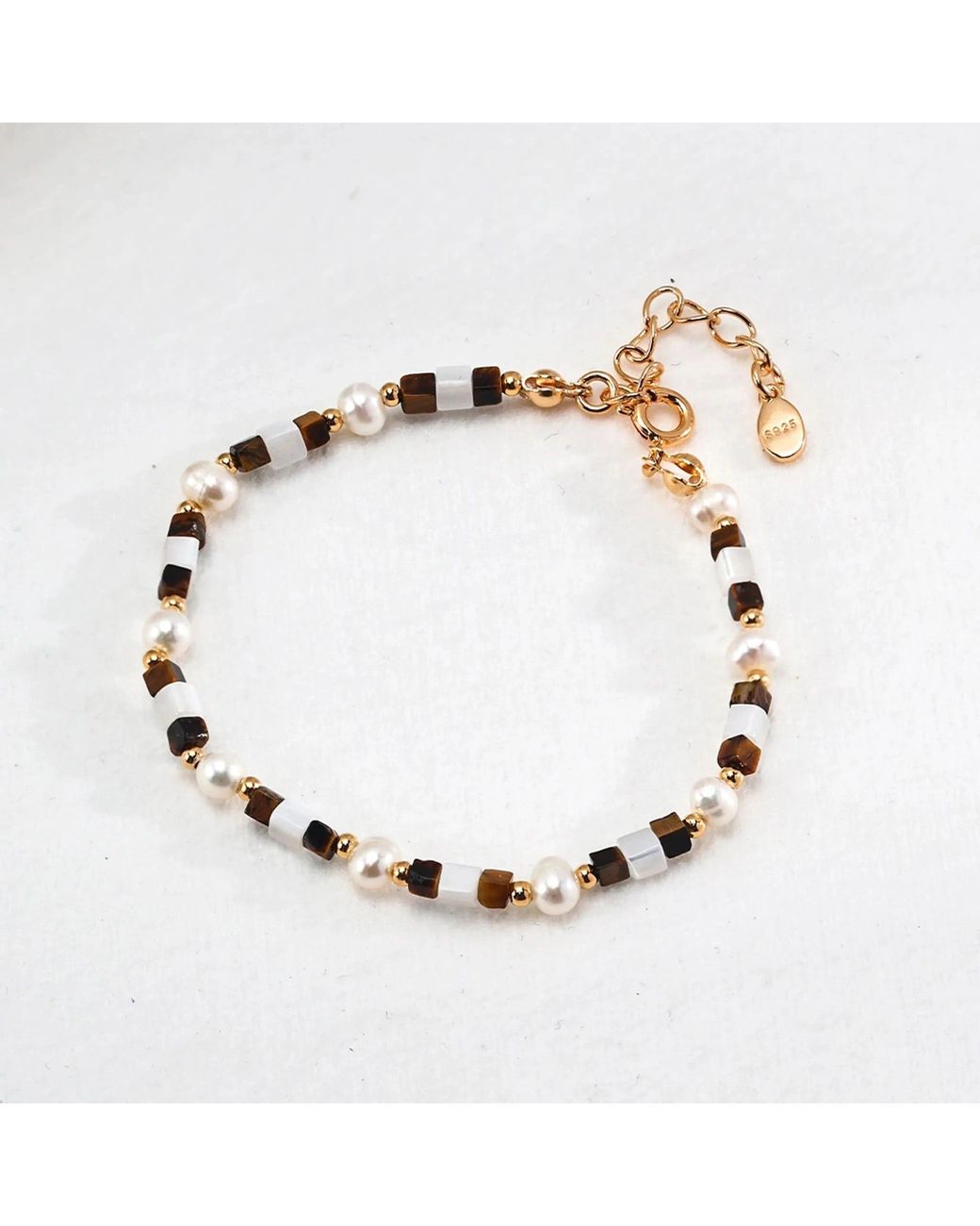Angel Barocco Metallic Tiger Eye Gemstone Pearl Beaded Bracelet