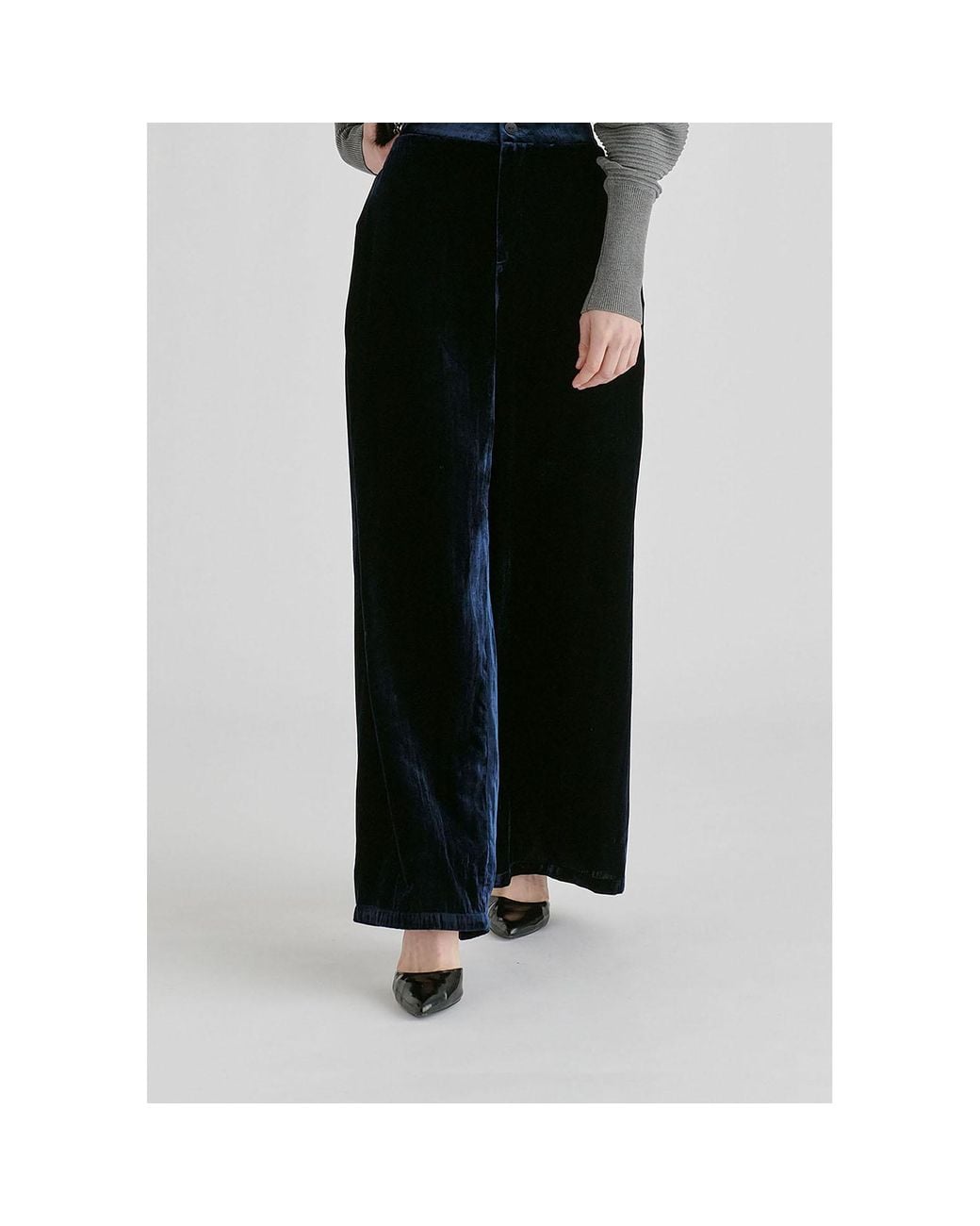 Paisie Blue Velvet Wide-Leg Trousers With Separate Elastic Ankle Bands