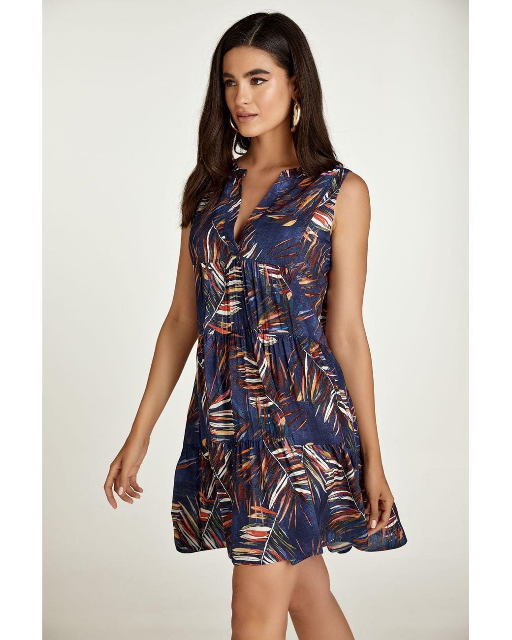 Conquista Blue Sleeveless Leaf Print A Line Dress
