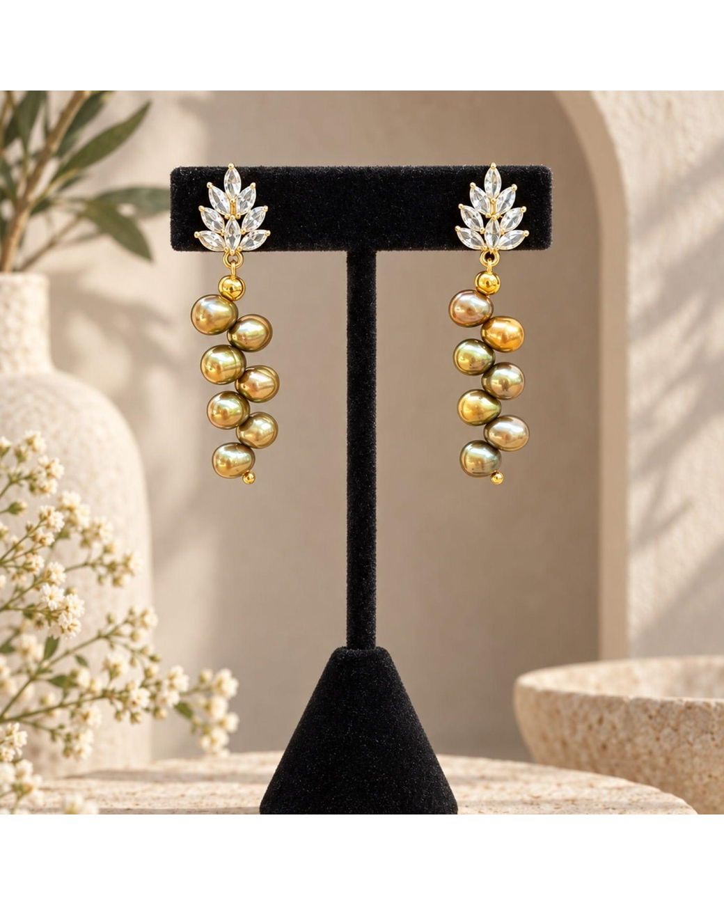Way to Chic Metallic Freshwater Pearl Crystal Leaf Statement Earrings