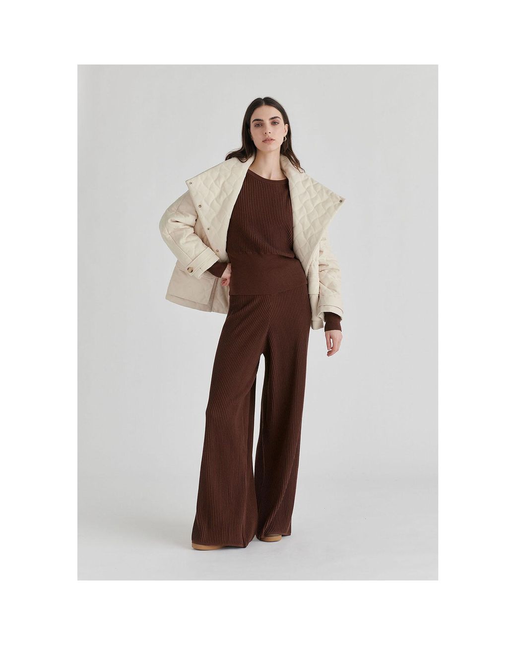 Paisie Brown Ribbed Trousers With Wide Waistband