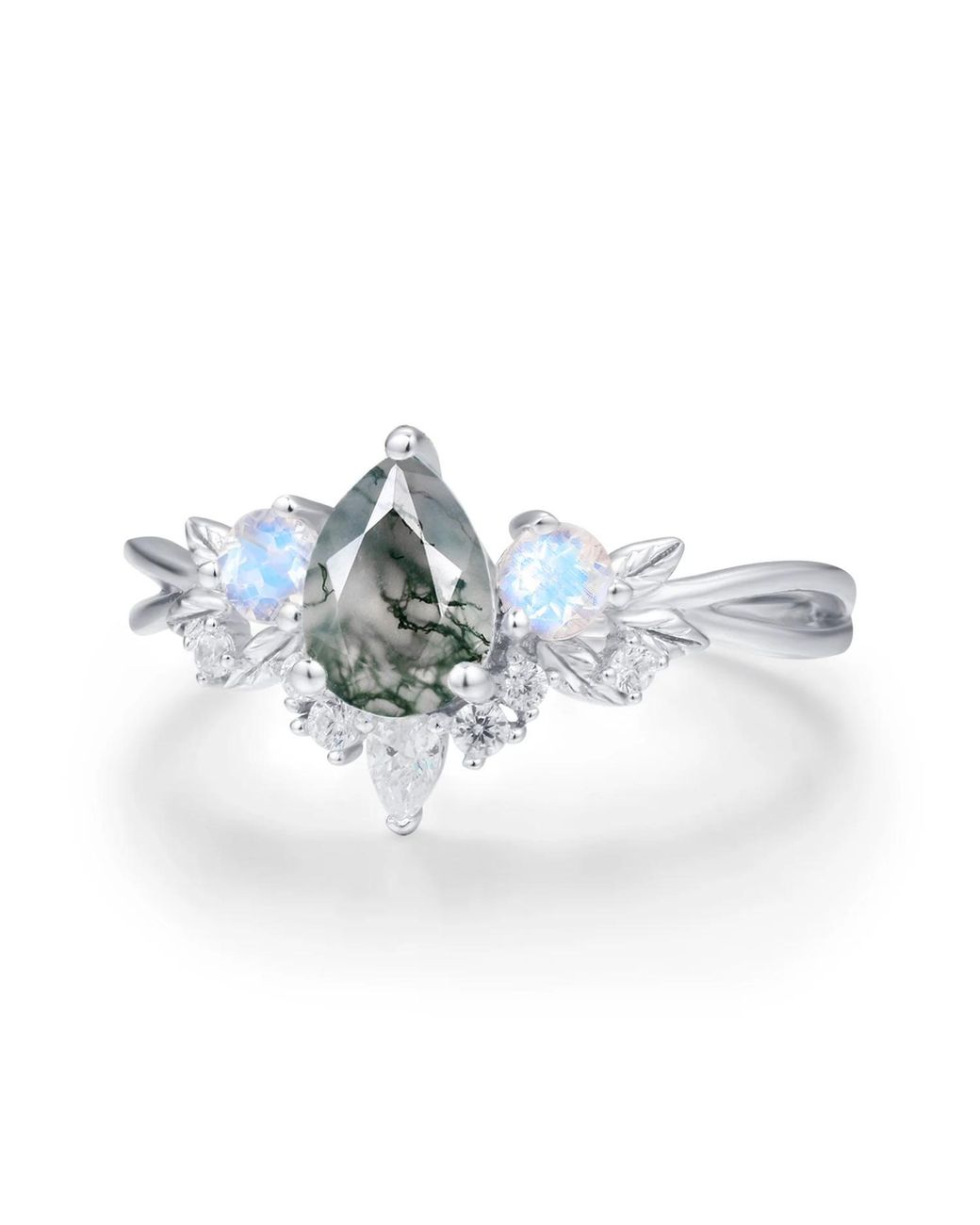 Azura Jewelry New York Blue Laurel Grove Moss Agate Moonstone Ring Vermeil