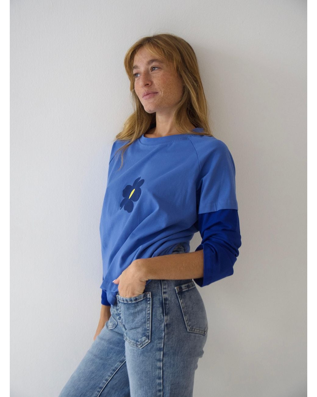 Mind Traveler Blue Double Sleeve Cropped Aria T-Shirt With Flower Detail