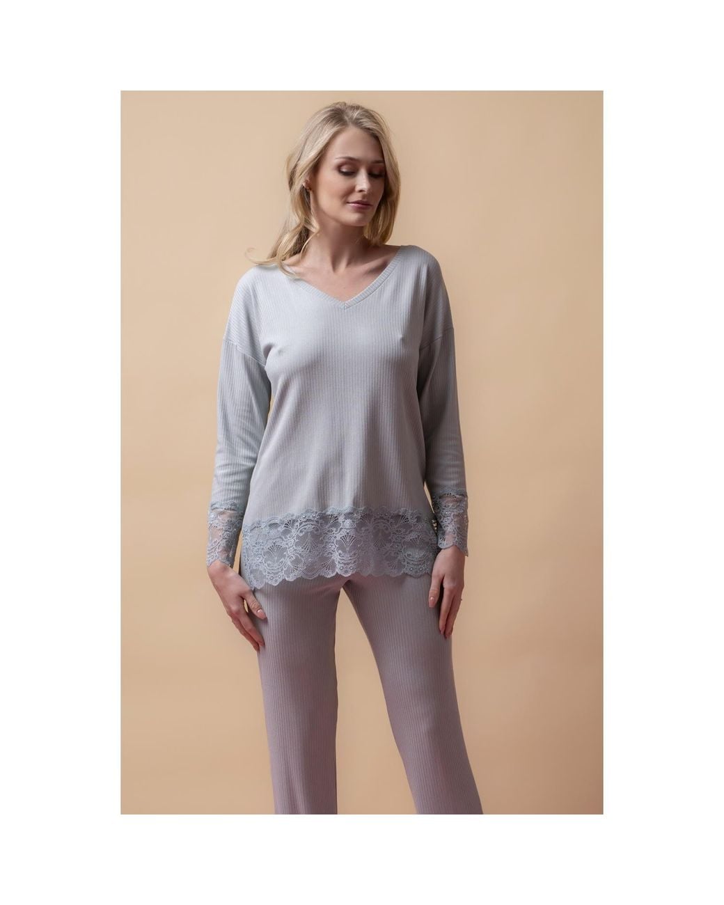 Oh!Zuza Gray Santal Lace Trim Long Pyjama Set – Mint