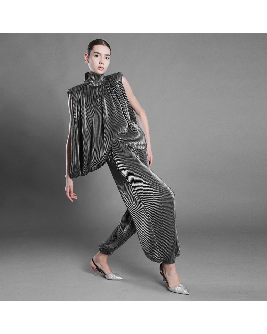 Silvia Serban Gray Pleated Voile Harem Trousers