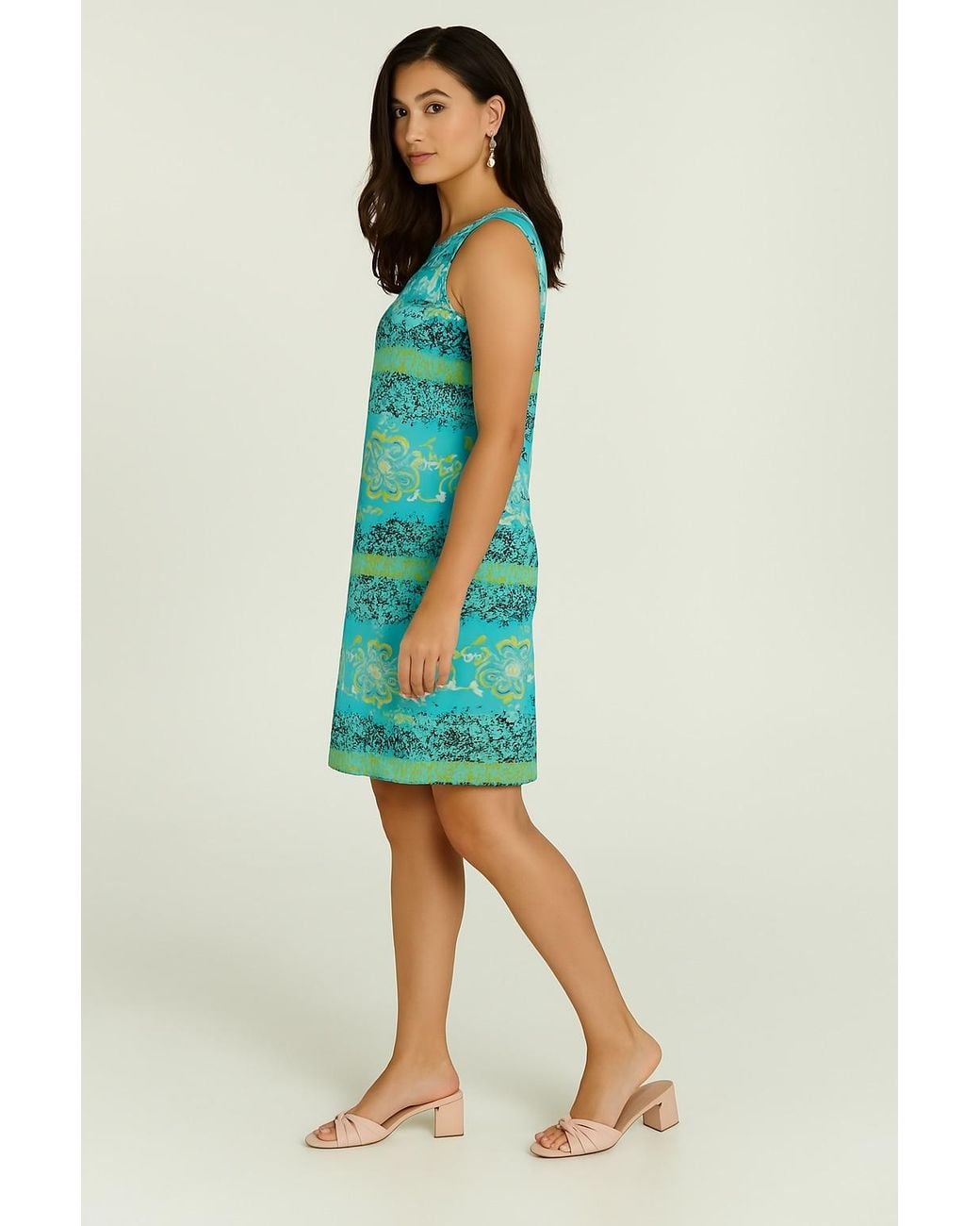 Conquista Blue Sleeveless Summer Dress – Floral Print, Sheer Nylon Overlay, Fully Lined