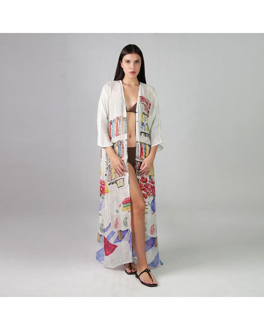 DHARA SHETH DUBAI White Abode Artistic Bookshelf Kimono Dress - & Library Print