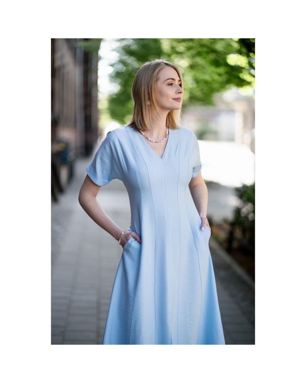 Oh!Zuza Blue Echo Viscose Midi Dress Short Sleeve With Pockets