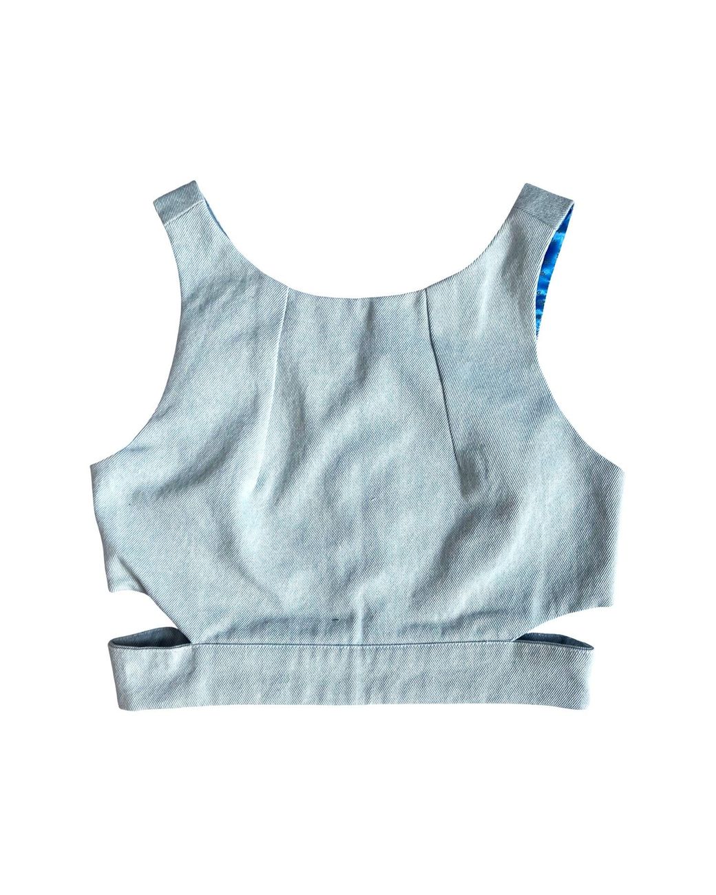 L2R THE LABEL Blue Denim Crop Top With Cut Outs In Washed