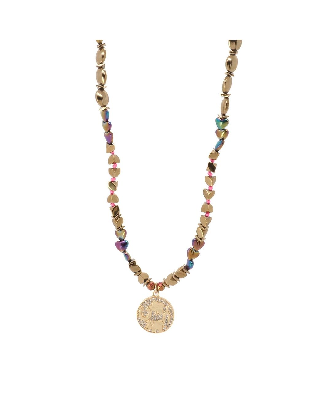 Ebru Jewelry Metallic Good Luck Symbol Design Pendant Hematite Beaded Necklace