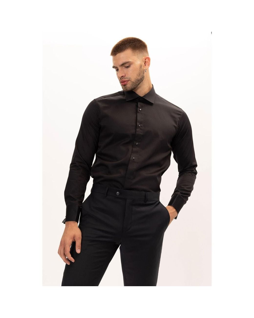 Ron Tomson Black Pure Cotton Classic Collar Stud Button French Cuff Tuxedo Shirt for men