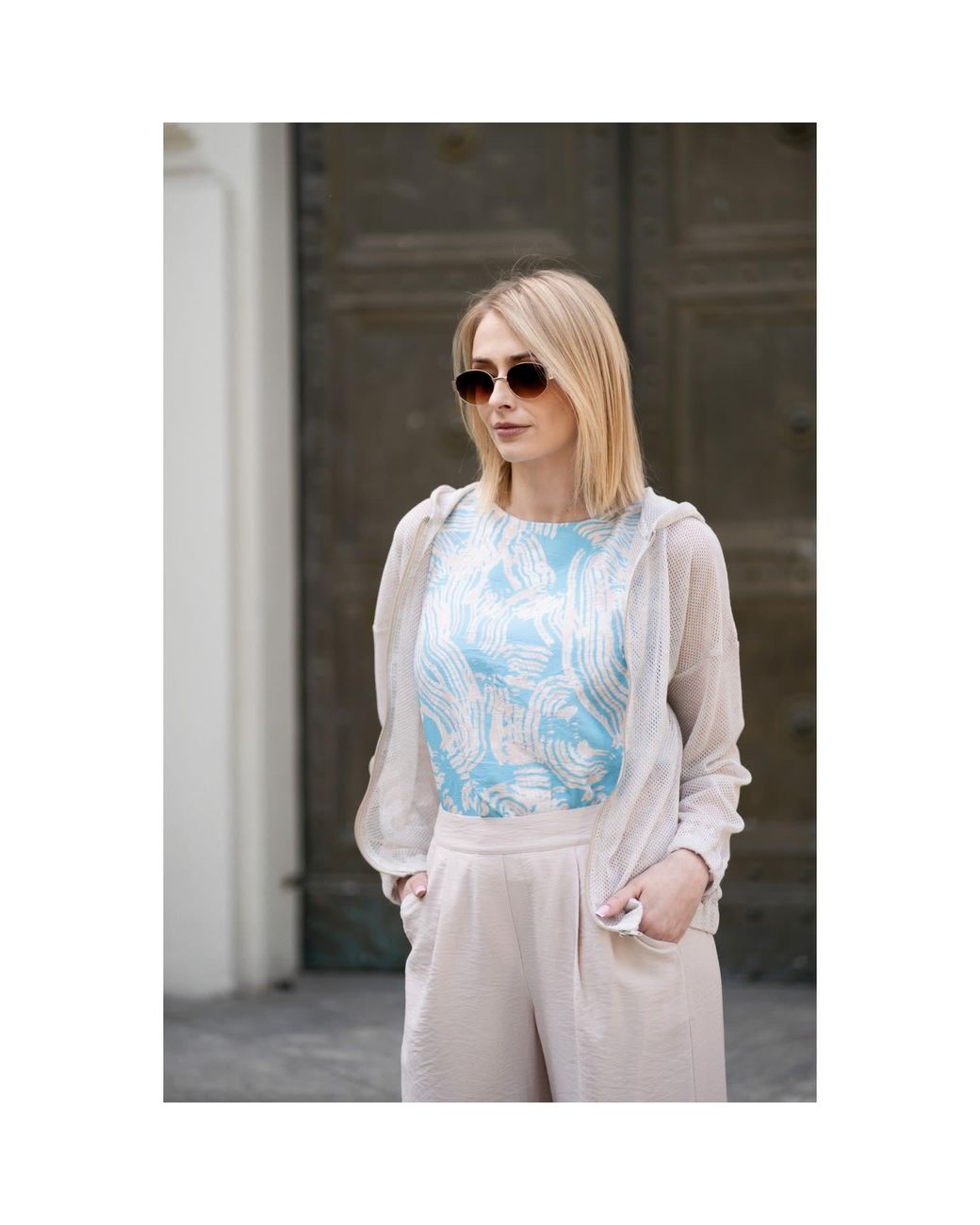 Oh!Zuza Blue Neutrals Print Top, Wide-Leg Trousers & Mesh Hoodie Set