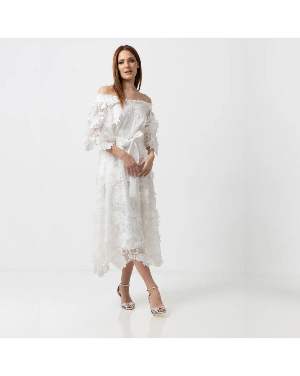 IZABELA MANDOIU Natural Midi Dress With Off-Shoulder And Floral Appliqués