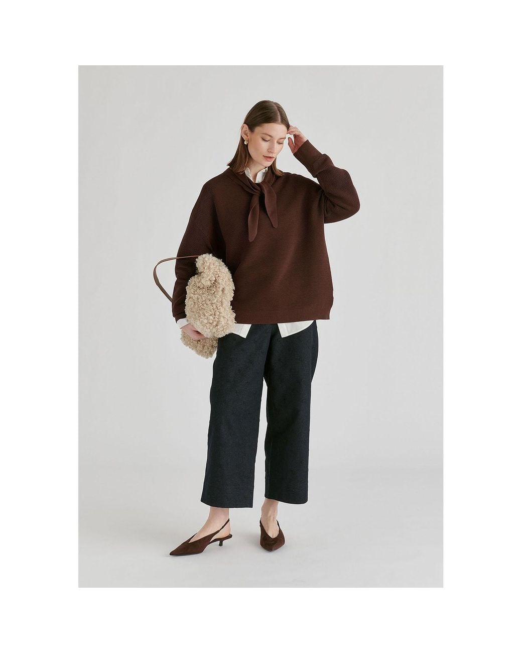 Paisie Brown Ribbed Jumper With Attached Scarf Tie