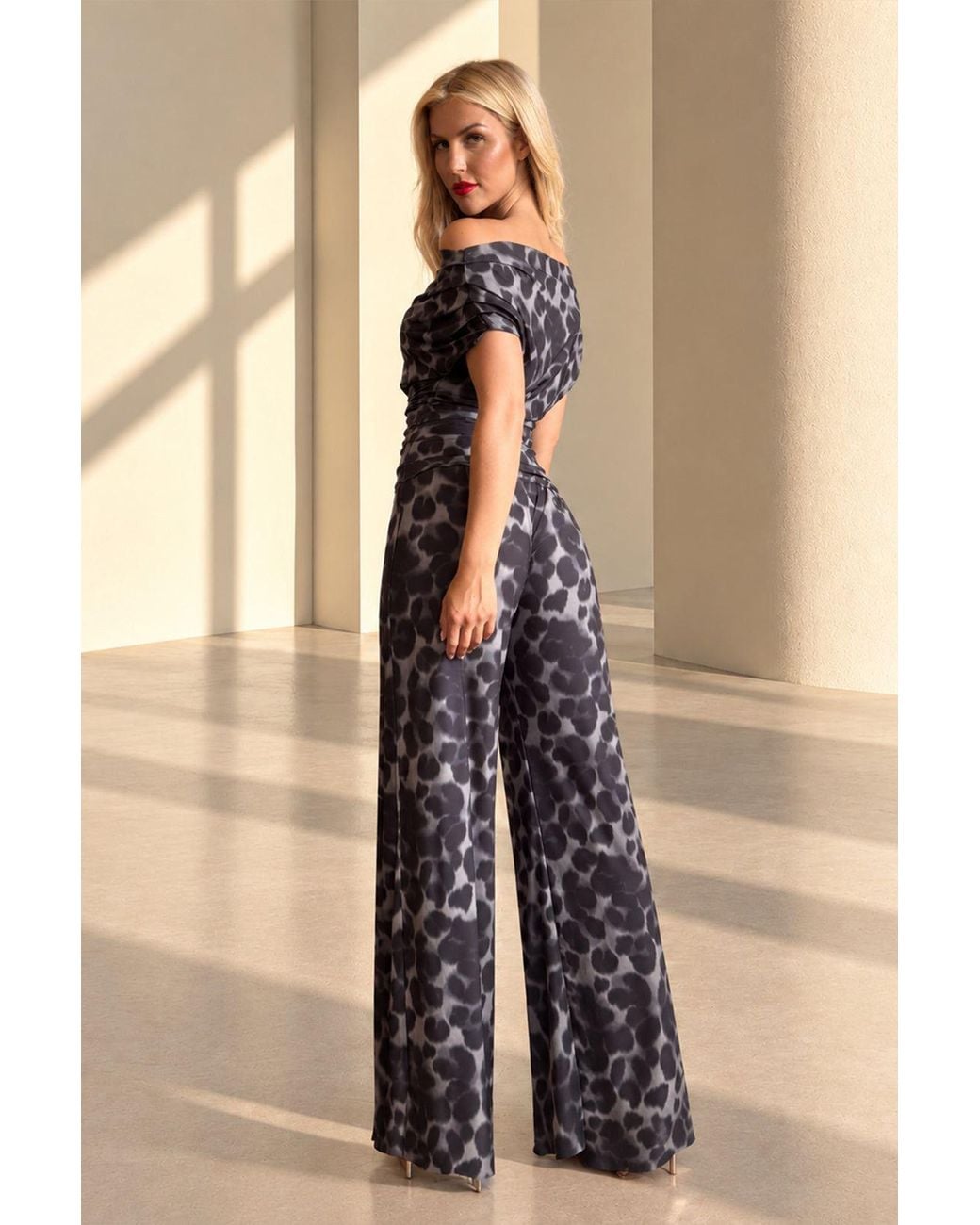 Atom Label Blue Carbon Bardot Wide Leg Jumpsuit