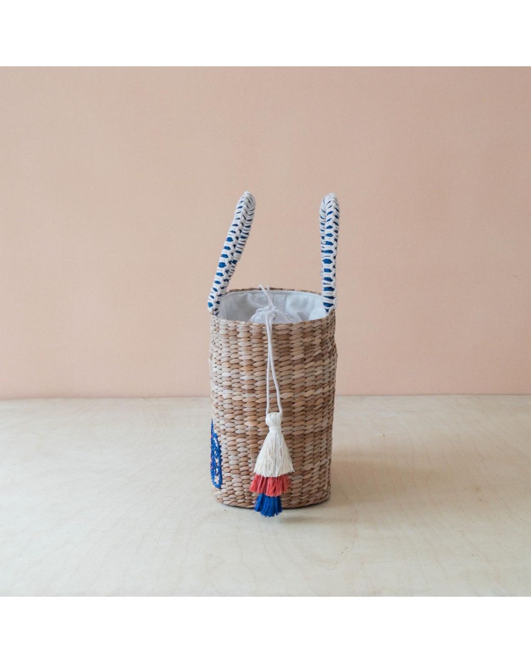 LIKHÂ Blue Neutrals Handwoven Seagrass Sardine Can Tote Bag With Tassels