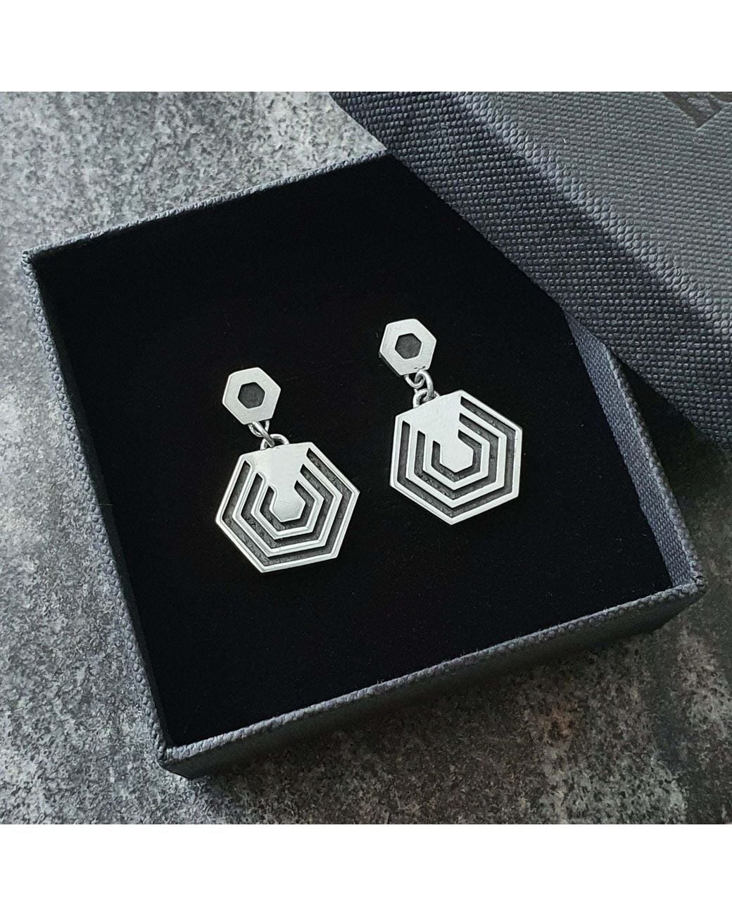 Edge Only Black Hexagon Drop Earrings