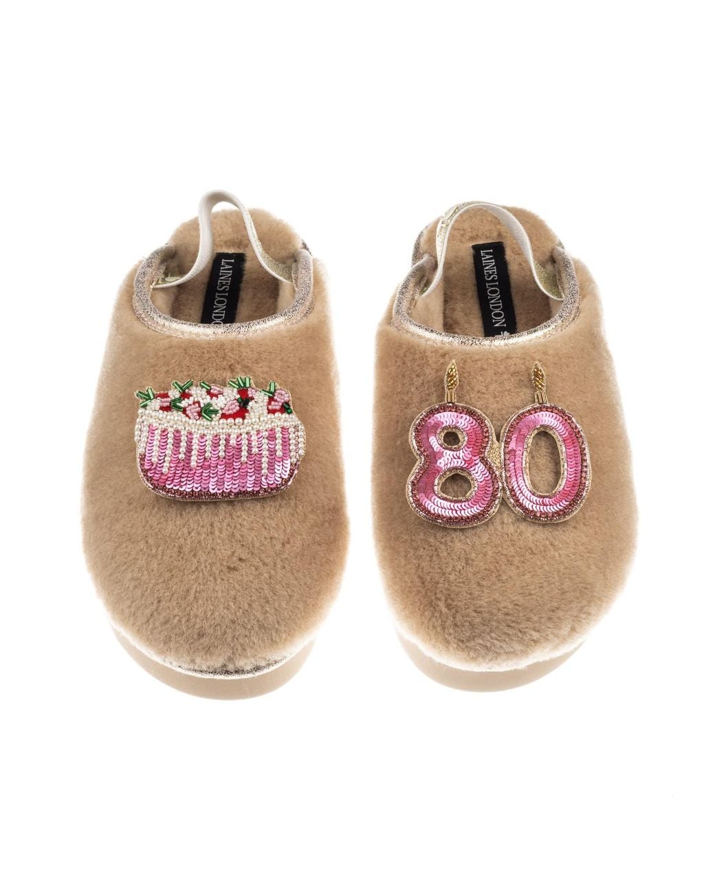 Laines London Brown Neutrals Flatform Cloud Closed Toe Slippers With 80Th Birthday & Cake Brooches