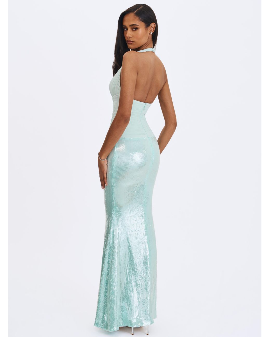 Miss Circle New York Green Wendale Mint Sequin Plunging Mermaid Maxi Dress